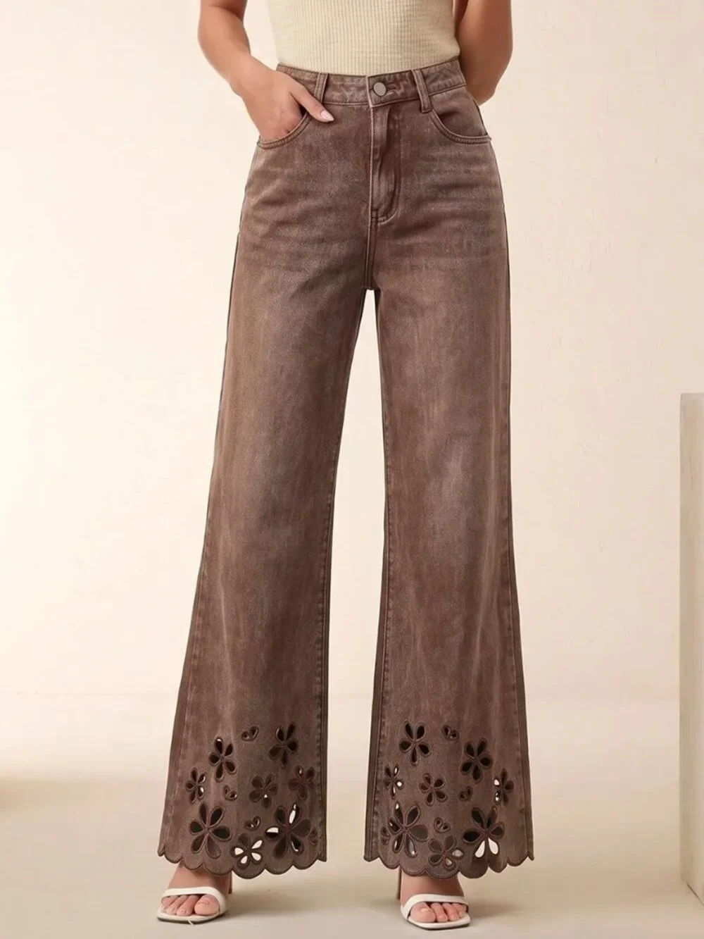 Coffee Brown Casual Women's Embroidered Hollow Out Pocket Design Flare Jeans